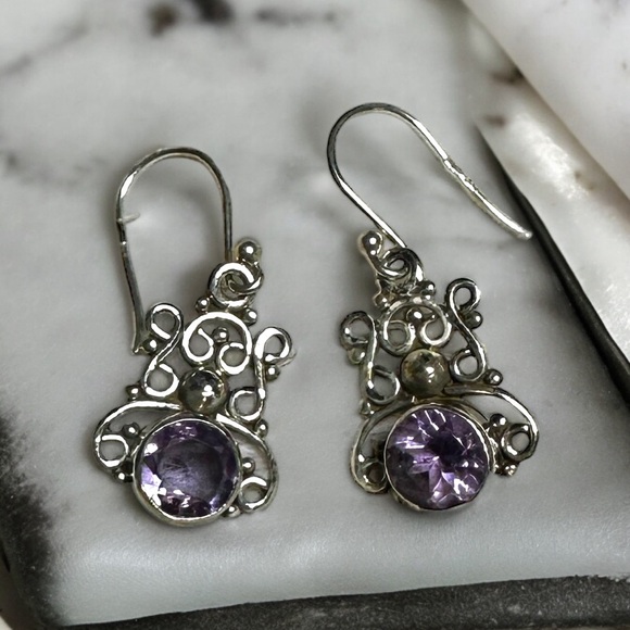 Sterling Silver Amethyst Drop Earrings - Picture 3 of 12